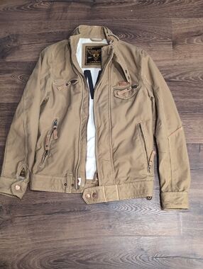 Rare Early Superdry Premium Military Moto Jacket – Tan Cotton Canvas – Slim Fit